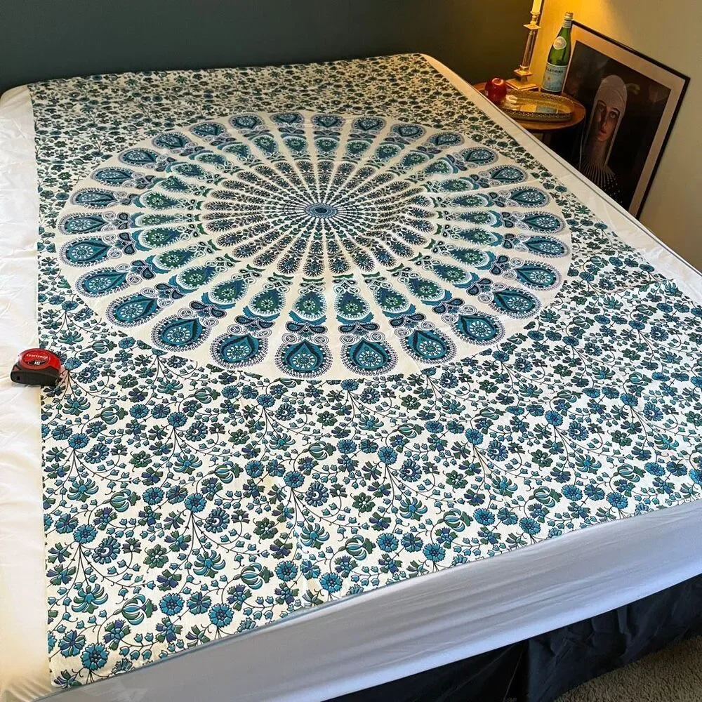 VTG Blue Green Mandala Cotton Tablecloth 82x53 Boho Maximalist Floral NWOT